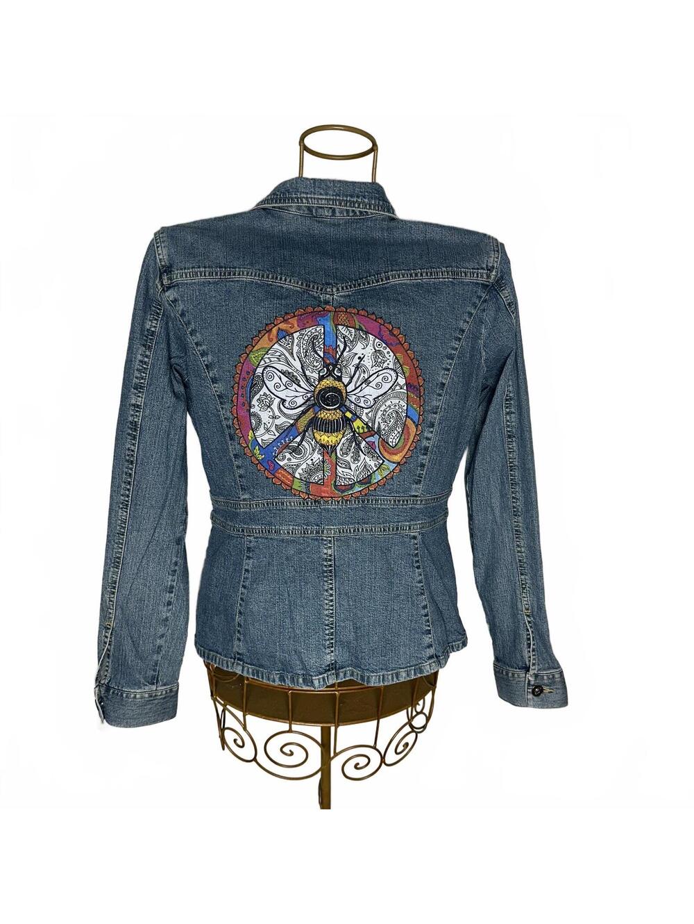 Axcess Vintage Y2K Denim Jacket Hand Painted Peace Sign Bee Boho Hippie - Picture 2 of 9